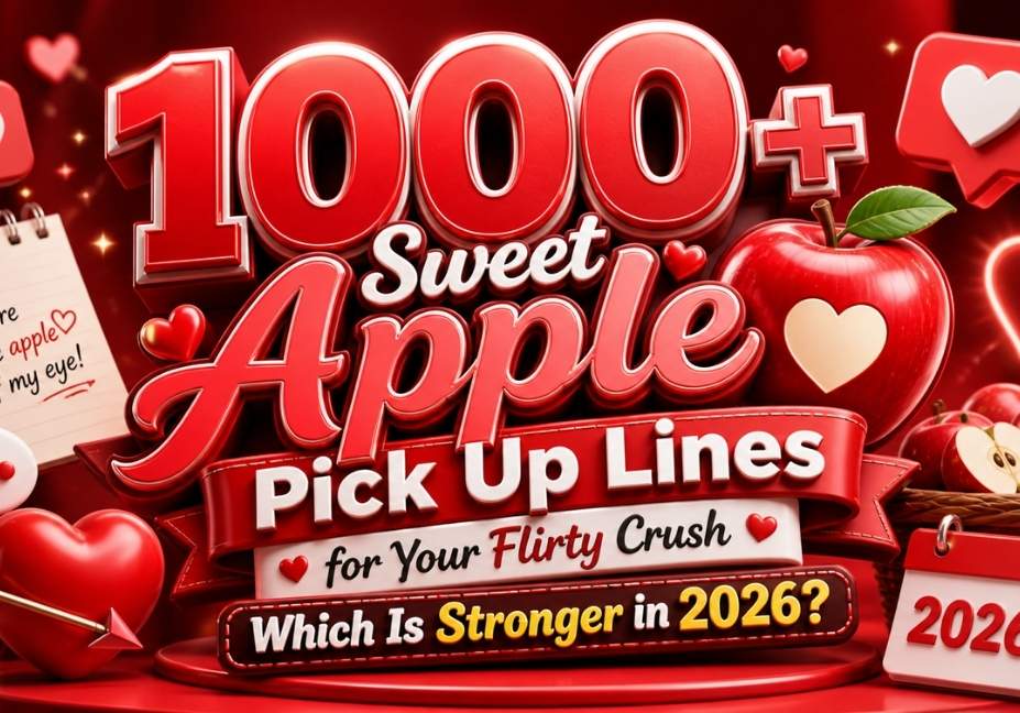 Bold red 3D promotional graphic featuring “1000+ Sweet Apple Pick Up Lines for Your Flirty Crush” with glossy apples, hearts, chat icons, and 2026 badge in a vibrant 16:9 thumbnail design.