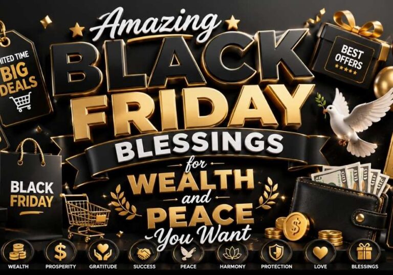 Amazing Black Friday blessings 3D illustration with black and gold theme, luxury shopping icons, wealth symbols, peace dove, and festive typography in 16:9 ratio.