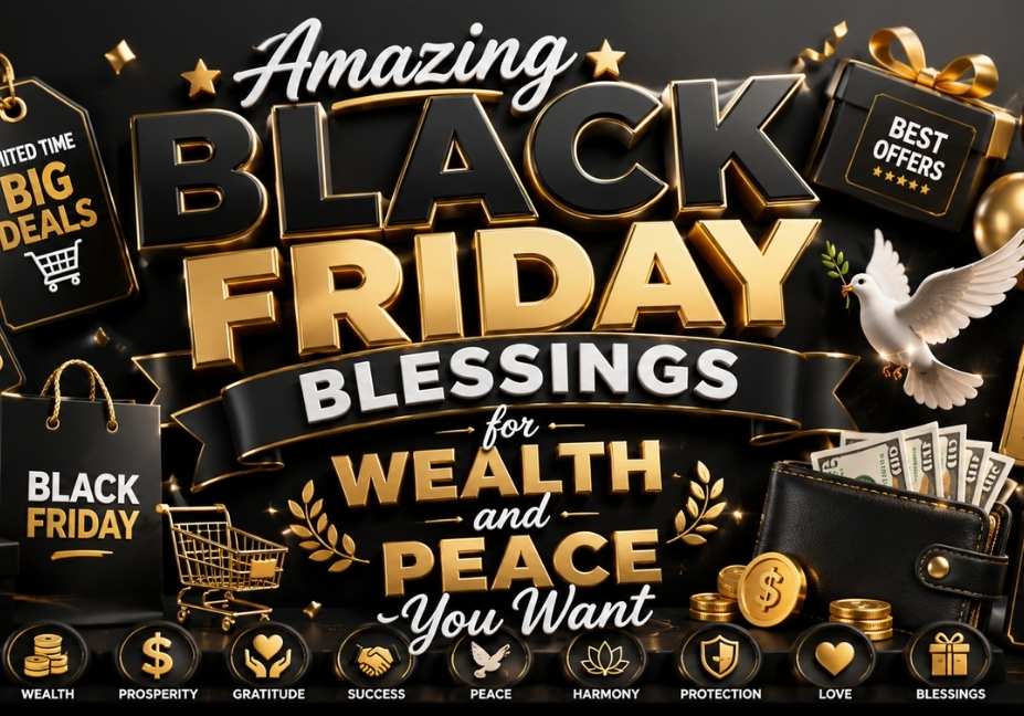 Amazing Black Friday blessings 3D illustration with black and gold theme, luxury shopping icons, wealth symbols, peace dove, and festive typography in 16:9 ratio.