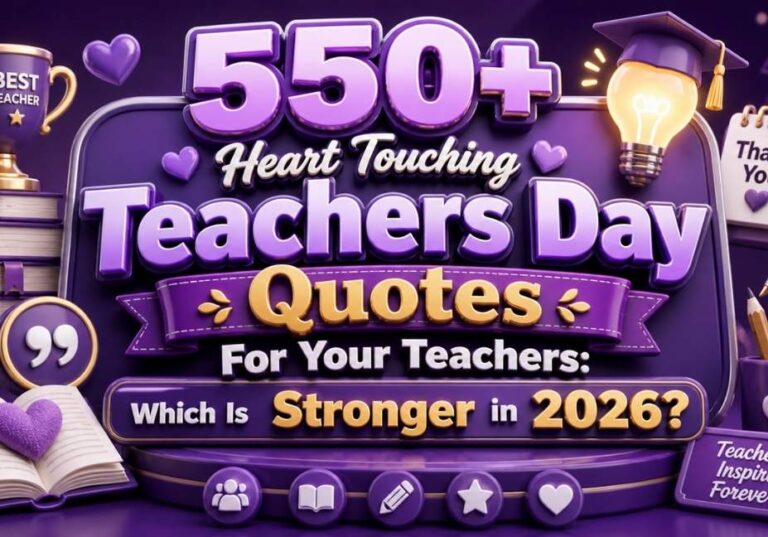 Purple-themed 3D illustration featuring “550+ Heart Touching Teachers Day Quotes For Your Teachers: Which Is Stronger in 2026?” with glossy typography, books, trophy, light bulb, hearts, and stationery icons in a 16:9 layout.