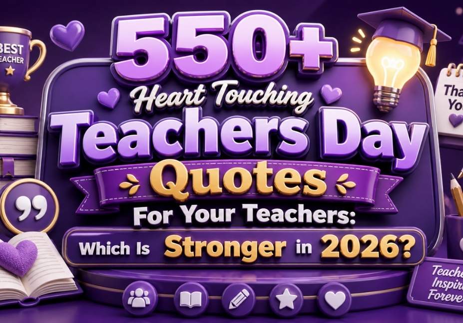 Purple-themed 3D illustration featuring “550+ Heart Touching Teachers Day Quotes For Your Teachers: Which Is Stronger in 2026?” with glossy typography, books, trophy, light bulb, hearts, and stationery icons in a 16:9 layout.