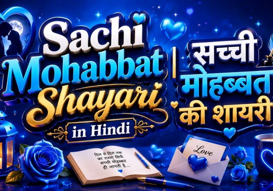 Blue theme 3D typography image for Sachi Mohabbat Shayari in Hindi featuring romantic hearts, roses, lanterns, love letter, and Hindi shayari quotes.