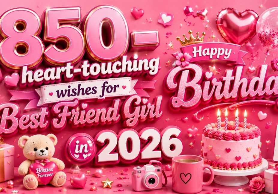 Pink 3D heart-touching birthday wishes for best friend girl in 2026 with balloons, cake, gifts, hearts, and glossy birthday typography design.