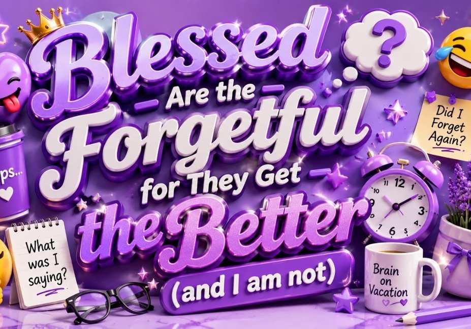 Lilac 3D typography design for “Blessed Are the Forgetful for They Get the Better (and I am not)” with dreamy hearts, clouds, butterflies, stars, and aesthetic pastel icons in 16:9 ratio.