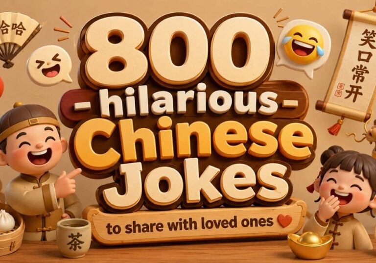 800 Hilarious Chinese Jokes 3D title illustration with Chinese characters, dragon, lanterns, and cartoon kids in light brown theme.