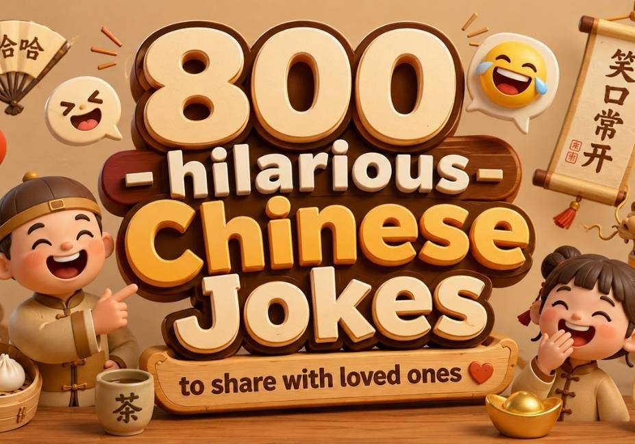 800 Hilarious Chinese Jokes 3D title illustration with Chinese characters, dragon, lanterns, and cartoon kids in light brown theme.