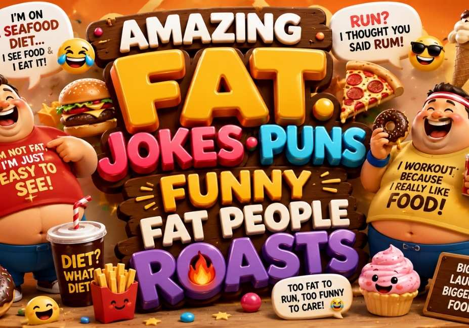 Funny 3D fat jokes and puns illustration with colorful roast quotes, cartoon fat characters, burgers, pizza, donuts, and humorous typography in 16:9 ratio.