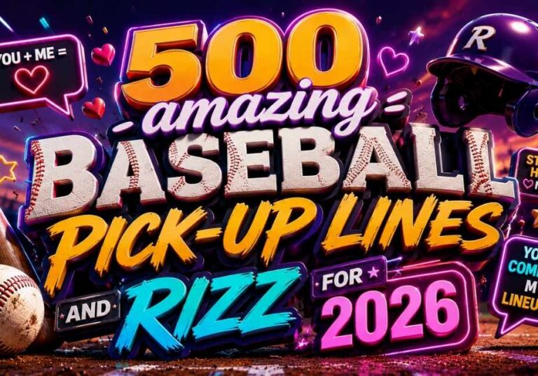 500 Amazing Baseball Pick-Up Lines and Rizz for 2026 neon 3D thumbnail with baseball bat, helmet, hearts, glowing text, and colorful stadium background in vibrant purple and pink theme