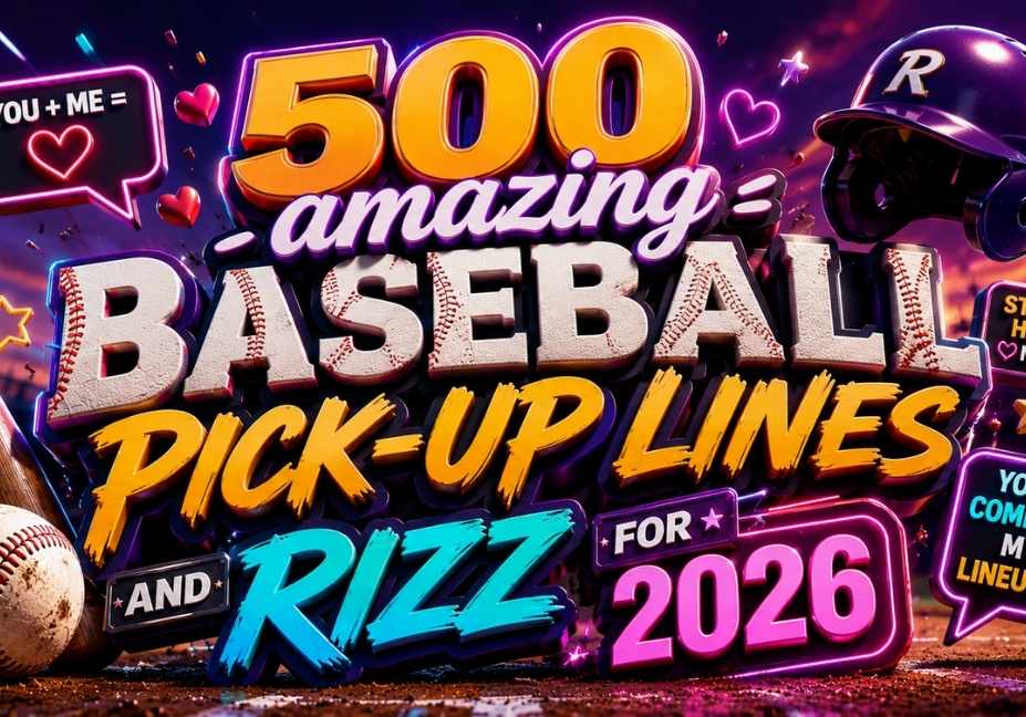 500 Amazing Baseball Pick-Up Lines and Rizz for 2026 neon 3D thumbnail with baseball bat, helmet, hearts, glowing text, and colorful stadium background in vibrant purple and pink theme