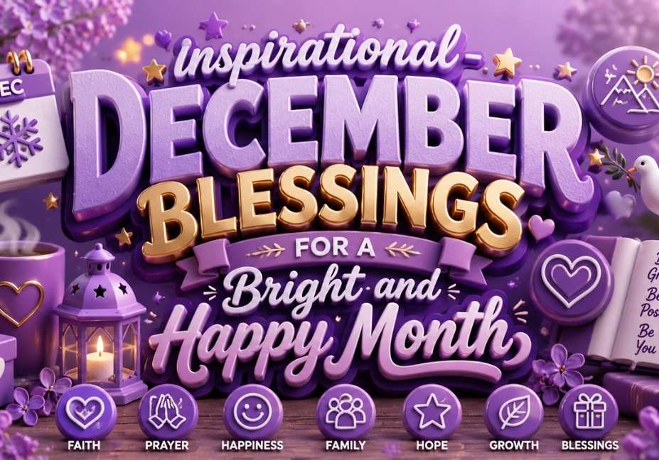 Inspirational December blessings 3D lilac theme illustration with festive icons, cozy winter elements, bright typography, and happy month aesthetic in 16:9 ratio.