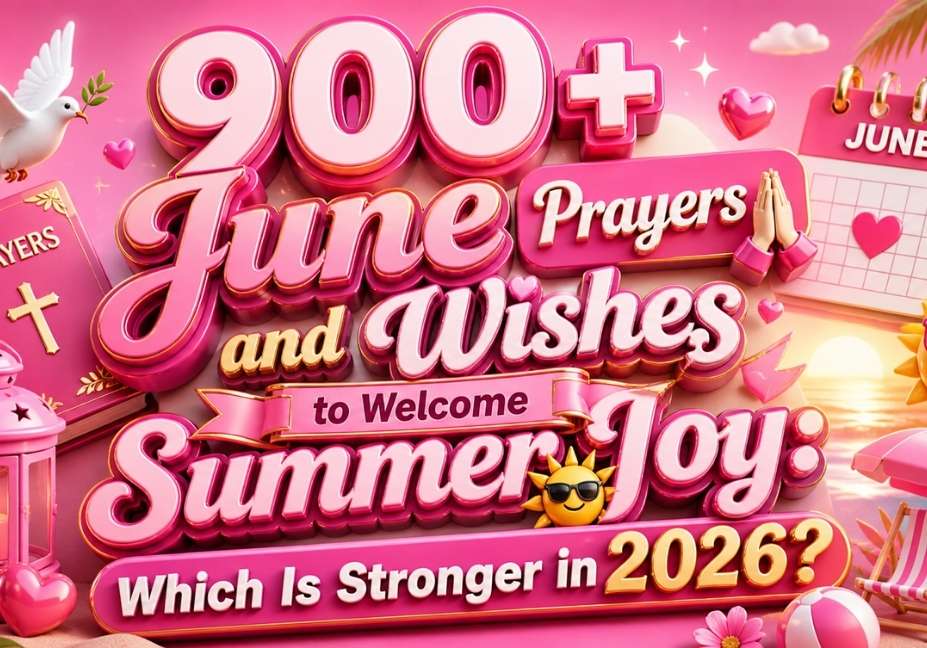 Pink-themed 3D illustration featuring bold text “900+ June Prayers and Wishes to Welcome Summer Joy: Which Is Stronger in 2026?” with icons like hearts, dove, prayer hands, calendar, sun, and beach elements in a vibrant summer background.