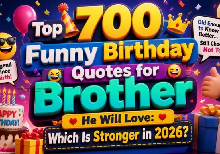 Colorful 3D happy birthday theme banner with balloons, cake, confetti, and gifts featuring the title “Top 700 Funny Birthday Quotes for Brother He Will Love: Which Is Stronger in 2026?” in bold playful typography.