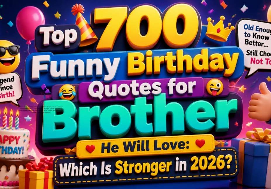 Colorful 3D happy birthday theme banner with balloons, cake, confetti, and gifts featuring the title “Top 700 Funny Birthday Quotes for Brother He Will Love: Which Is Stronger in 2026?” in bold playful typography.