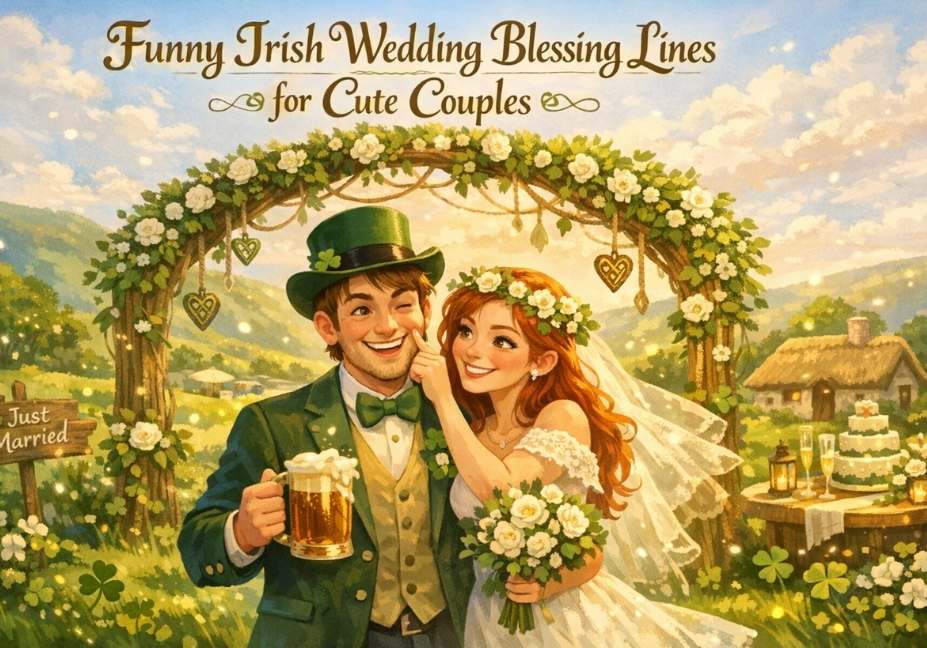 Romantic and funny Irish wedding blessing scene with a joyful bride and groom in a countryside wedding setup, Celtic decorations, soft pastel tones, and warm sunset glow.