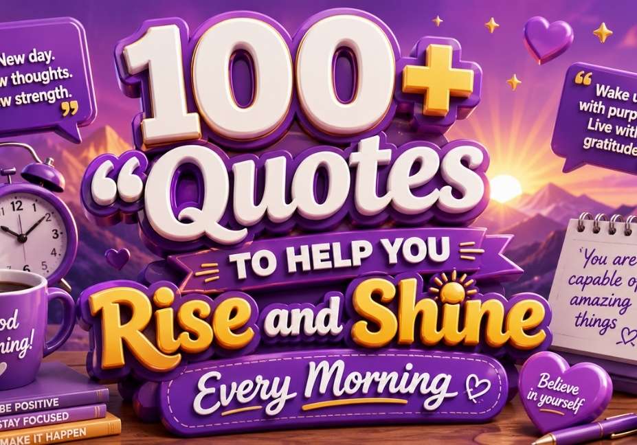 100+ Quotes to Help You Rise and Shine Every Morning featuring purple 3D text, sunrise background, alarm clock, coffee mug, motivational quote cards, books, hearts, and inspiring morning-themed icons.