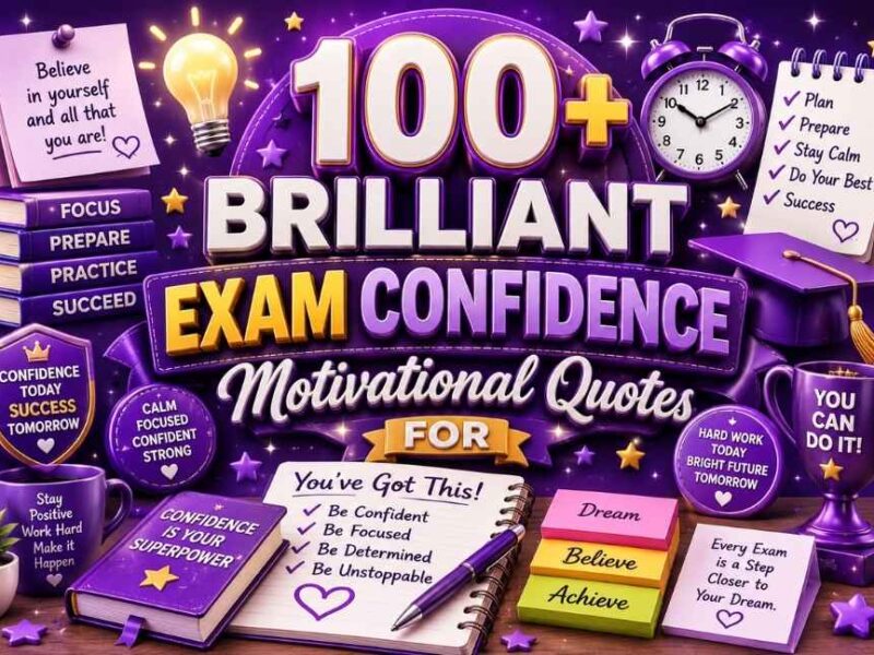 Purple 3D exam confidence motivational quotes banner with study books, graduation cap, notebook, clock, and student success icons.