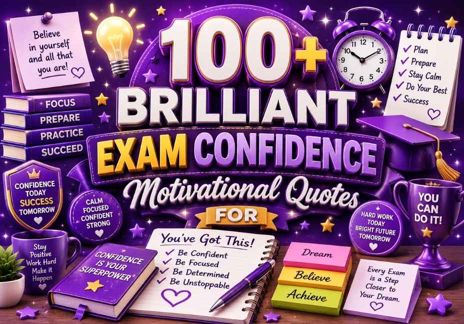 Purple 3D exam confidence motivational quotes banner with study books, graduation cap, notebook, clock, and student success icons.
