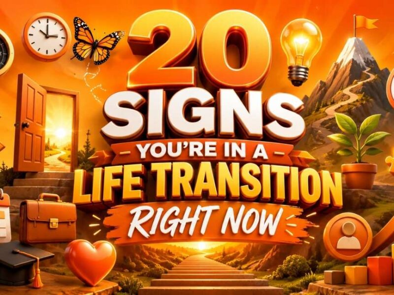 20 Signs You're in a Life Transition Right Now 3D orange themed illustration featuring personal growth, life changes, transformation journey, open door, compass, butterfly, target, mountain path, and success icons in a motivational design.
