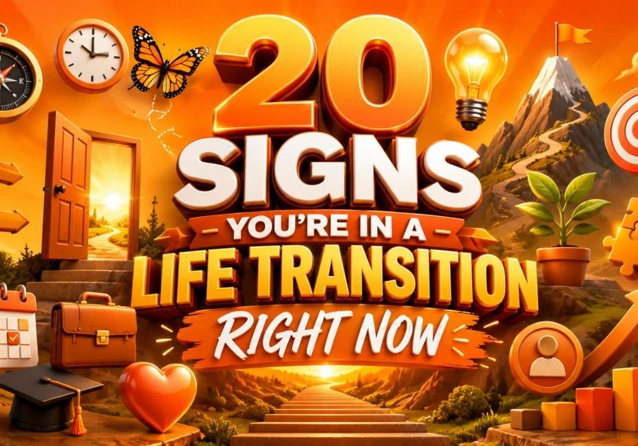 20 Signs You're in a Life Transition Right Now 3D orange themed illustration featuring personal growth, life changes, transformation journey, open door, compass, butterfly, target, mountain path, and success icons in a motivational design.