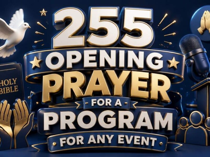 "255 Opening Prayer for a Program for Any Event – Navy blue 3D typography design featuring praying hands, Holy Bible, dove, microphone, podium, candle, cross, and event icons in a professional 16:9 banner."