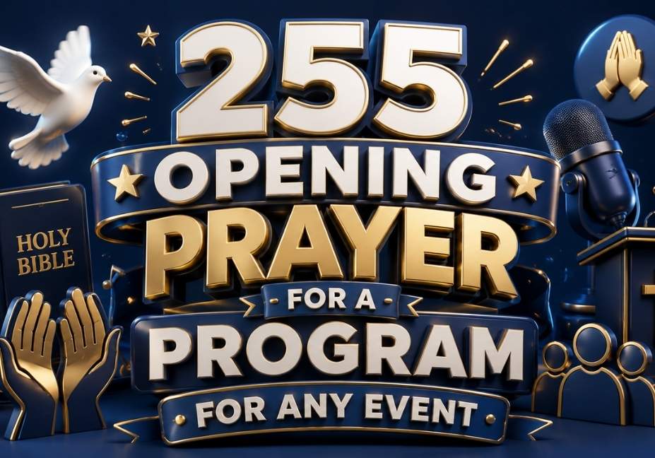 "255 Opening Prayer for a Program for Any Event – Navy blue 3D typography design featuring praying hands, Holy Bible, dove, microphone, podium, candle, cross, and event icons in a professional 16:9 banner."