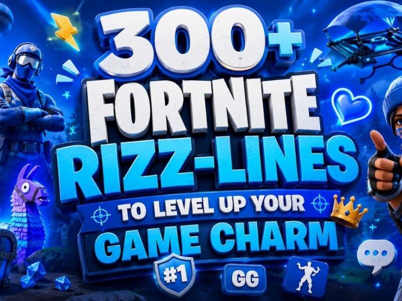 300+ Fortnite Rizz Lines to Level Up Your Game Charm featuring blue 3D text, Fortnite-inspired gaming elements, battle bus, loot chest, llama, V-Bucks icon, and fun gaming-themed graphics.