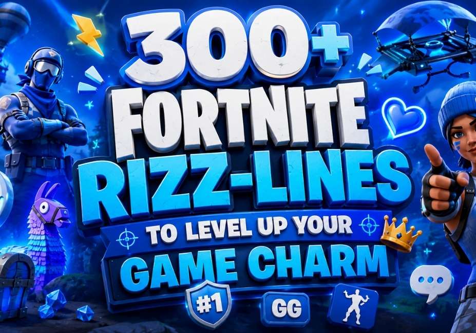 300+ Fortnite Rizz Lines to Level Up Your Game Charm featuring blue 3D text, Fortnite-inspired gaming elements, battle bus, loot chest, llama, V-Bucks icon, and fun gaming-themed graphics.