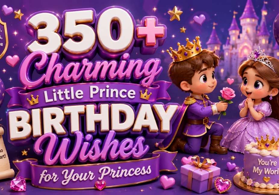 Purple 3D illustration for Charming Little Prince Birthday Wishes for Your Princess featuring a cute prince and princess, royal castle, birthday cake, crowns, balloons, gift box, hearts, and festive typography in a 16:9 design.