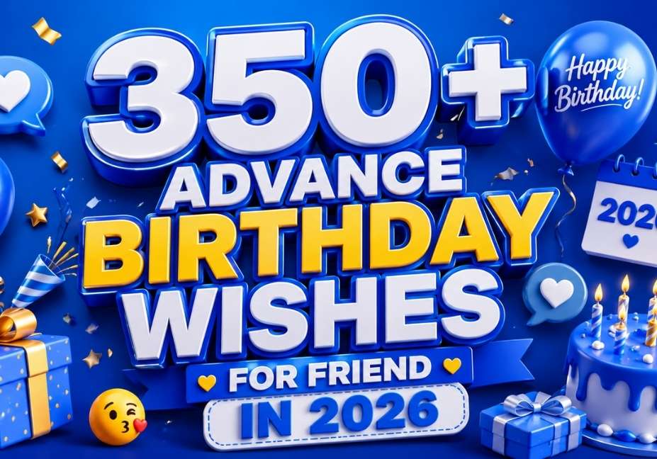 Blue 3D illustration for Advance Birthday Wishes for Friend in 2026 featuring birthday cake, balloons, gifts, confetti, and festive typography in a 16:9 layout.