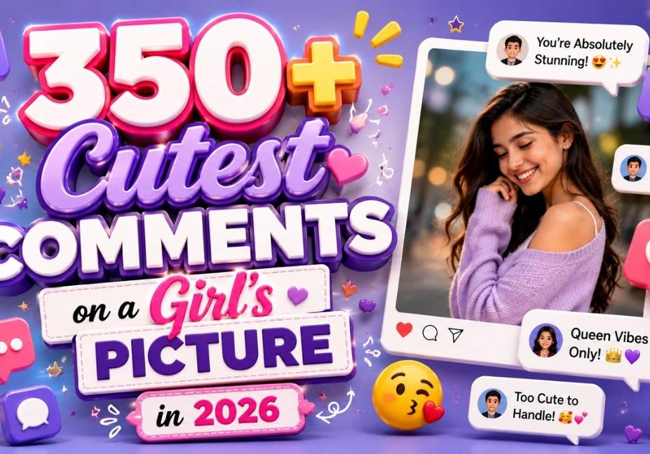 Purple 3D illustration for Cutest Comments on a Girl's Picture in 2026 featuring social media chat bubbles, heart icons, emojis, photo frame, and bold 3D typography in a vibrant 16:9 layout.