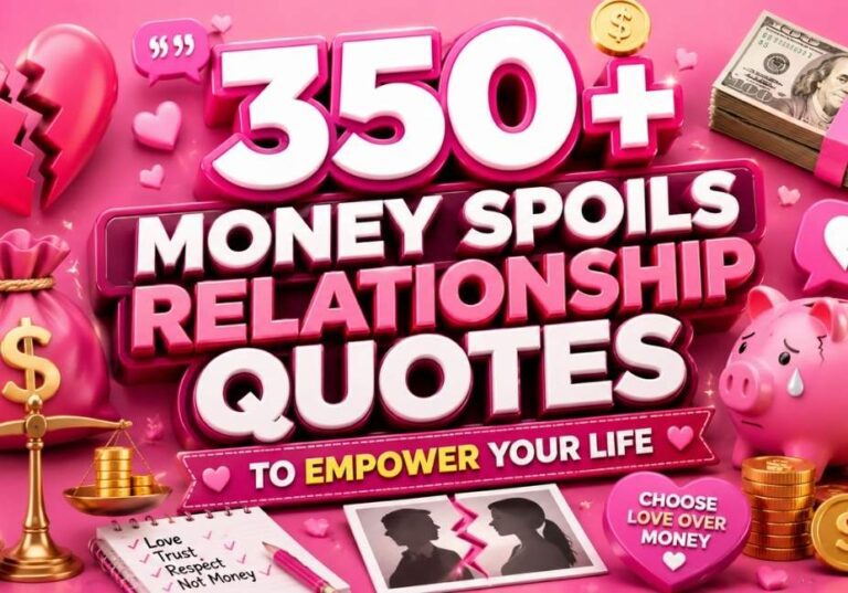 Pink 3D illustration for Money Spoils Relationship Quotes featuring broken hearts, money bag, piggy bank, cash, coins, and relationship symbols in a vibrant 16:9 design.