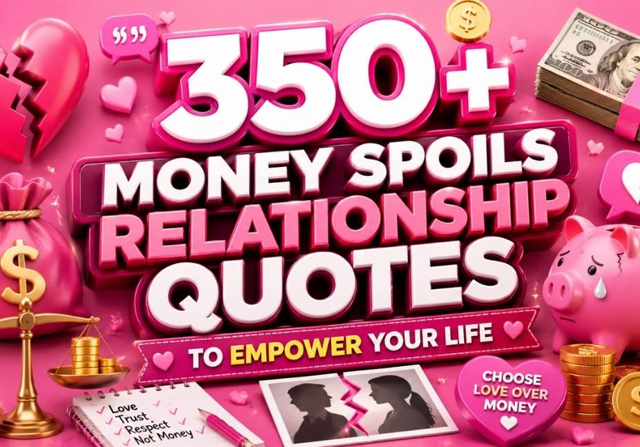 Pink 3D illustration for Money Spoils Relationship Quotes featuring broken hearts, money bag, piggy bank, cash, coins, and relationship symbols in a vibrant 16:9 design.
