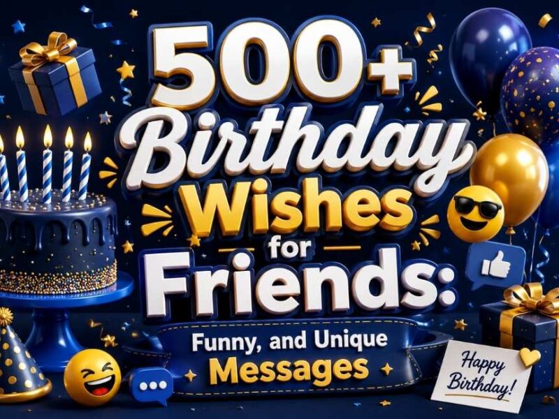Colorful navy blue 3D birthday banner featuring “500+ Birthday Wishes for Friends” text, balloons, birthday cake, gift boxes, confetti, emojis, and festive decorations for funny and unique birthday messages.