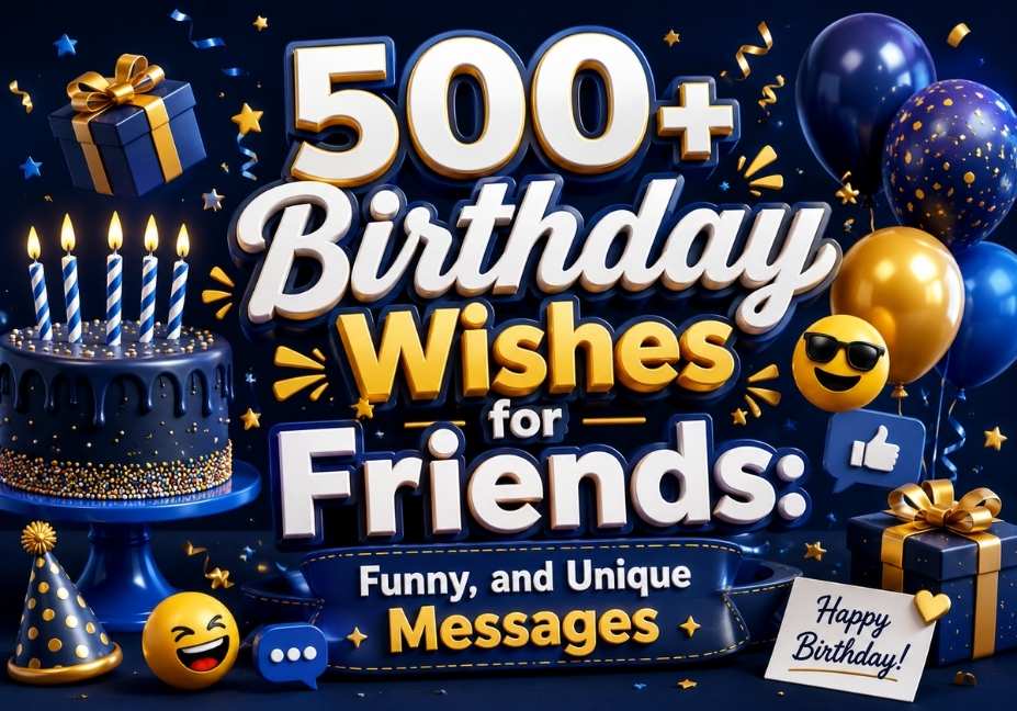 Colorful navy blue 3D birthday banner featuring “500+ Birthday Wishes for Friends” text, balloons, birthday cake, gift boxes, confetti, emojis, and festive decorations for funny and unique birthday messages.