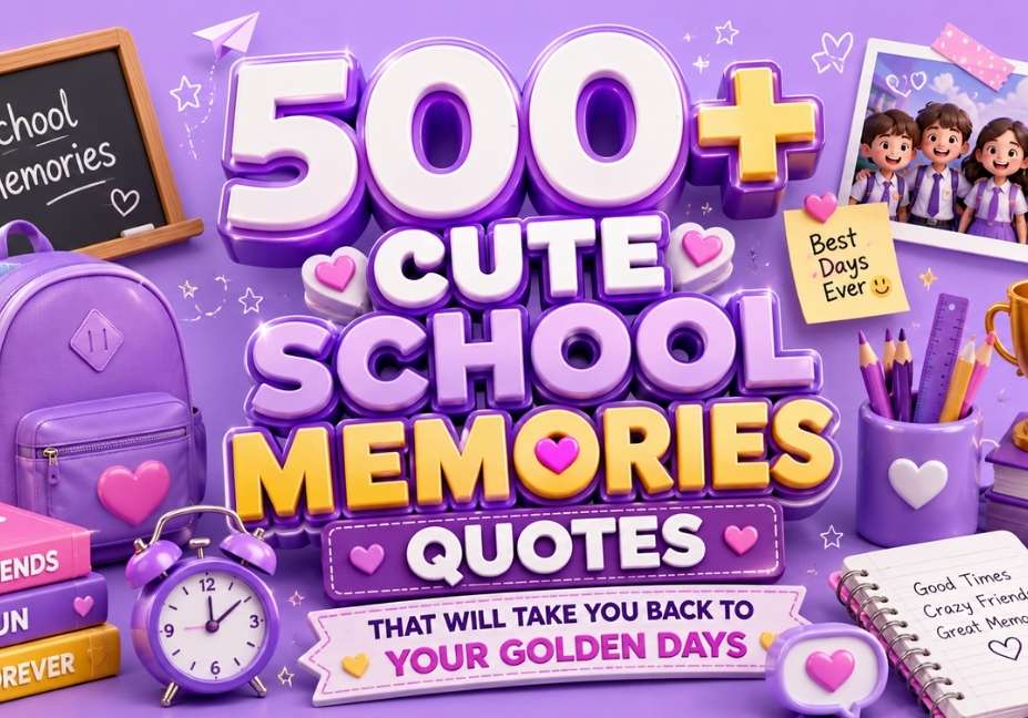 Lilac 3D illustration for Cute School Memories Quotes featuring school backpack, books, classroom supplies, trophy, clock, smiling students, and nostalgic school-themed elements in a 16:9 design.