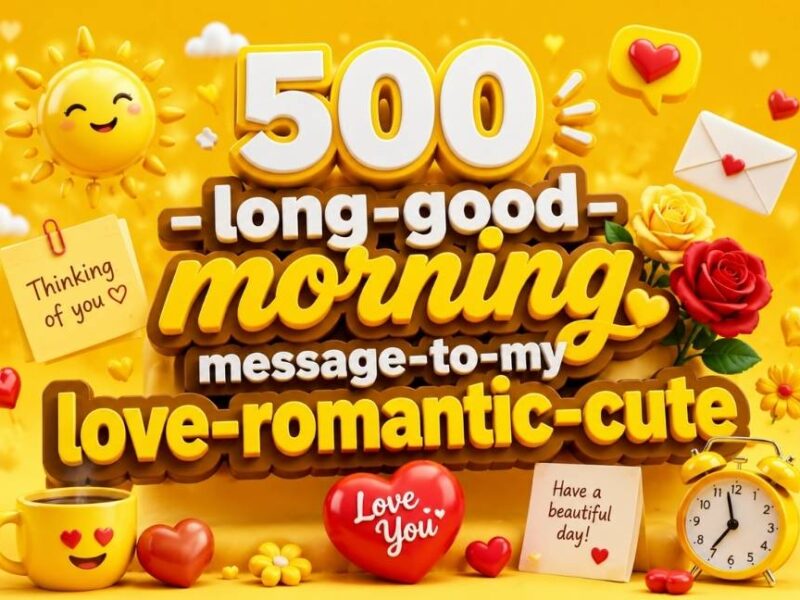 Yellow themed 3D featured image for 500 long good morning messages to my love with romantic hearts, coffee, sunrise, roses and cute love icons.