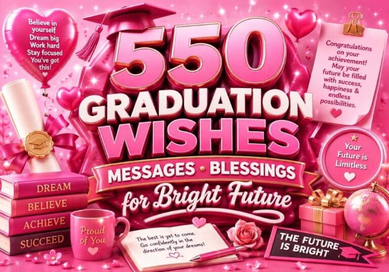Pink 3D graduation wishes banner with graduation cap, diploma, books, balloons, gifts, motivational messages, and blessings for a bright future.