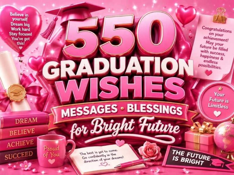 Pink 3D graduation wishes banner with graduation cap, diploma, books, balloons, gifts, motivational messages, and blessings for a bright future.