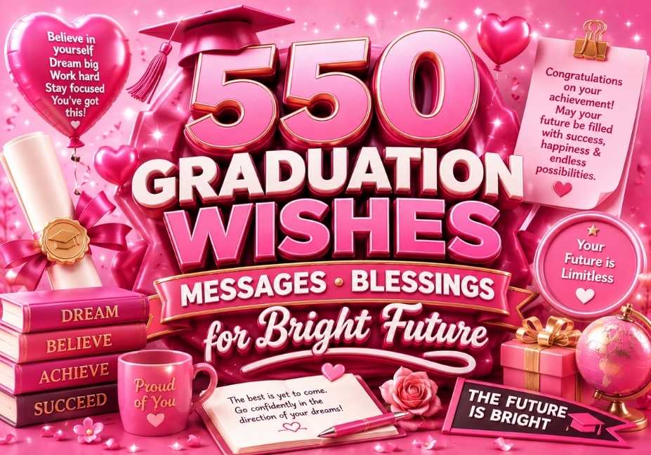 Pink 3D graduation wishes banner with graduation cap, diploma, books, balloons, gifts, motivational messages, and blessings for a bright future.