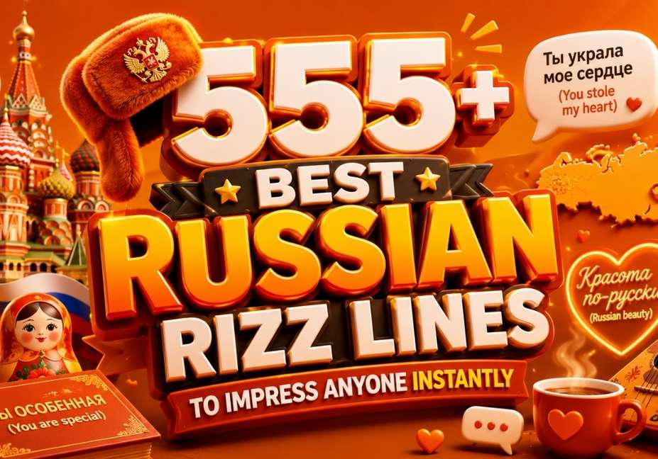555+ Best Russian Rizz Lines to Impress Anyone Instantly featuring orange 3D text, Russian-inspired icons, Saint Basil’s Cathedral, matryoshka doll, Russian flag, hearts, and romantic themed graphics.