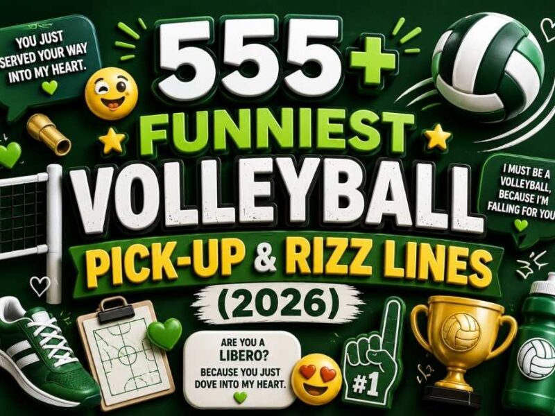 555+ funniest volleyball pick up and rizz lines 2026 with dark green 3D text, volleyball icons, hearts, trophy, net, and fun sports-themed elements