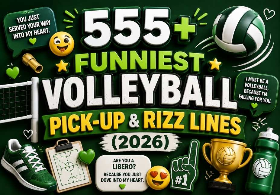 555+ funniest volleyball pick up and rizz lines 2026 with dark green 3D text, volleyball icons, hearts, trophy, net, and fun sports-themed elements