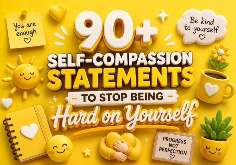 90+ self-compassion statements to stop being hard on yourself with yellow 3D typography, hearts, flowers, self-care icons, and positive motivational elements