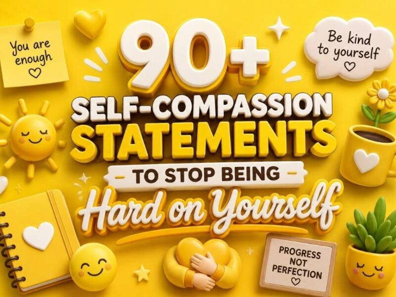90+ self-compassion statements to stop being hard on yourself with yellow 3D typography, hearts, flowers, self-care icons, and positive motivational elements