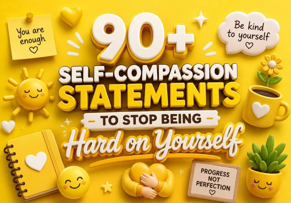 90+ self-compassion statements to stop being hard on yourself with yellow 3D typography, hearts, flowers, self-care icons, and positive motivational elements