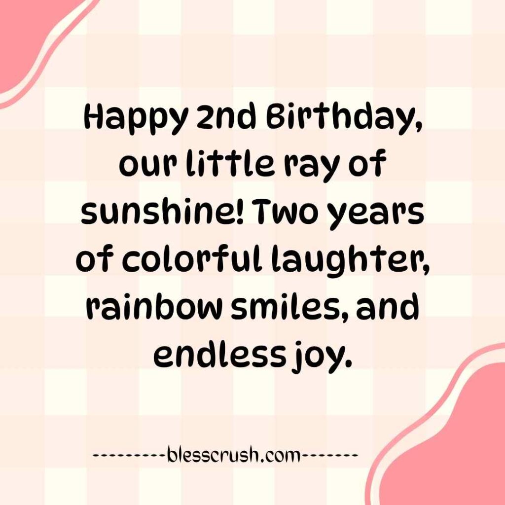 Birthday Wishes for a 2 Year Old Boy – pink gingham card with "our little ray of sunshine" message