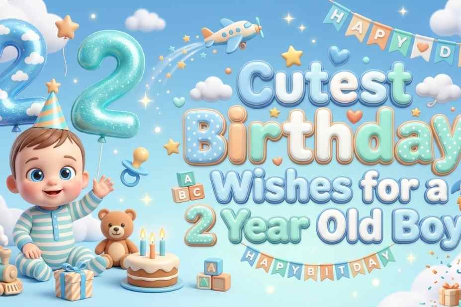 Cutest Birthday Wishes for a 2 Year Old Boy – blue themed banner with toddler, balloons, and birthday cake