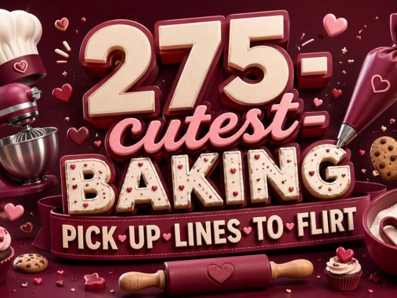 "275 Cutest Baking Pick Up Lines to Flirt – Maroon-themed 3D typography banner featuring baking tools, cupcakes, cookies, hearts, rolling pin, mixer, and romantic baking icons in a colorful 16:9 design."