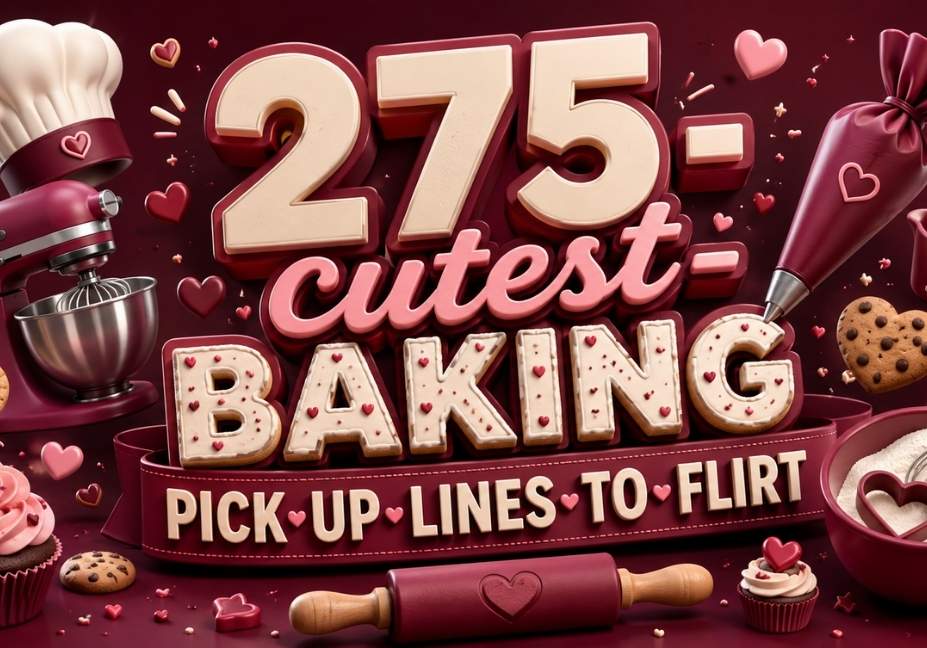 "275 Cutest Baking Pick Up Lines to Flirt – Maroon-themed 3D typography banner featuring baking tools, cupcakes, cookies, hearts, rolling pin, mixer, and romantic baking icons in a colorful 16:9 design."