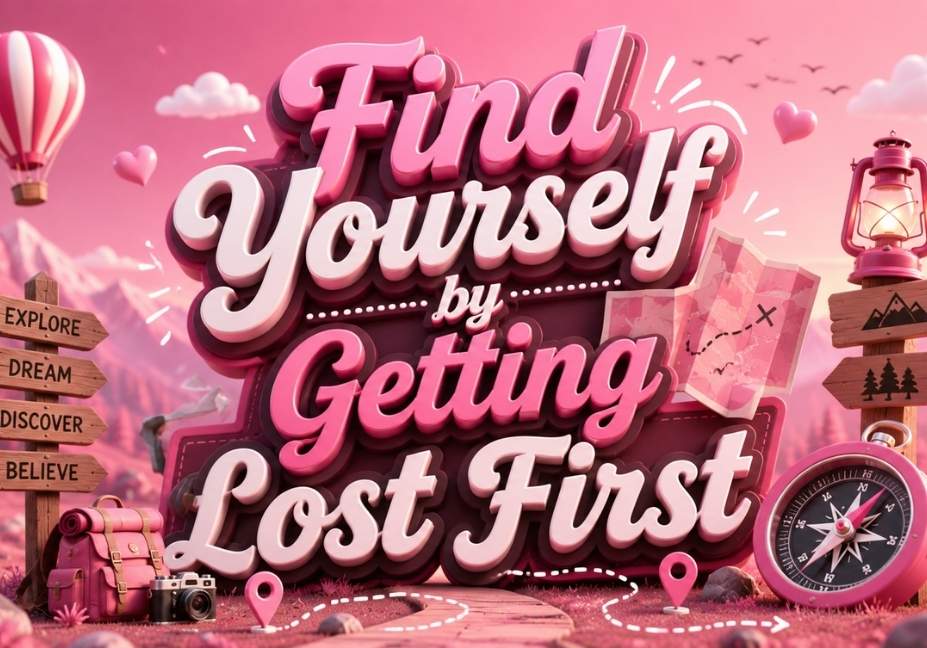 "Pink 3D featured image with travel icons, compass, map, and the inspirational quote Find Yourself by Getting Lost First representing self-discovery, adventure, and personal growth."
